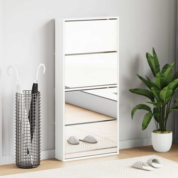 vidaXL Shoe Cabinet with Mirror 4-Layer High Gloss White 63x17x134 cm
