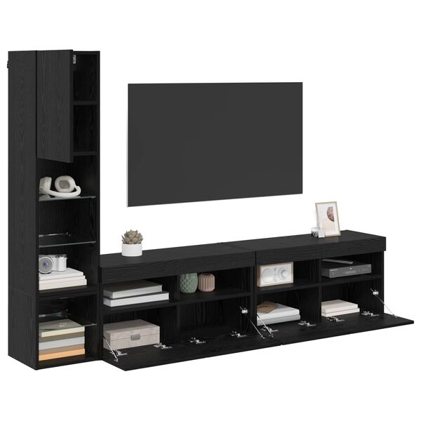 vidaXL TV Wall Unit with LED 4 pcs Black Oak Engineered Wood