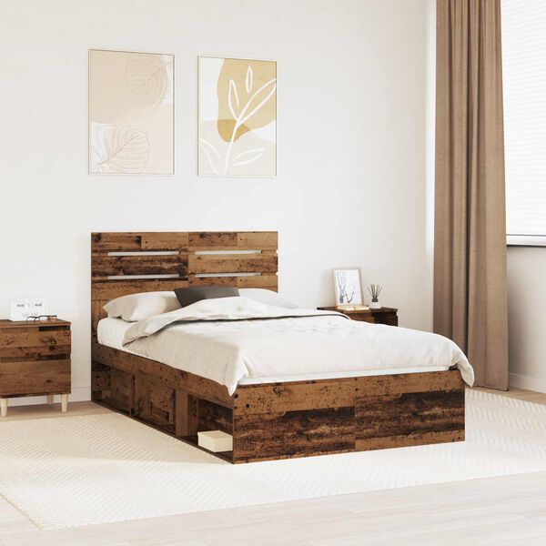 vidaXL Bed Frame with Headboard Old Wood 135 x 190 cm Solid Pine Wood