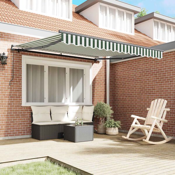 vidaXL Retractable Awning Manual Green and White 350 x 250 cm