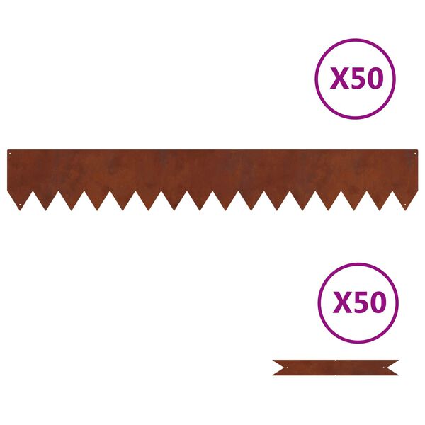 vidaXL Lawn Edging 50 pcs Brown 100 x 0.05 x 15 cm Weathering Steel