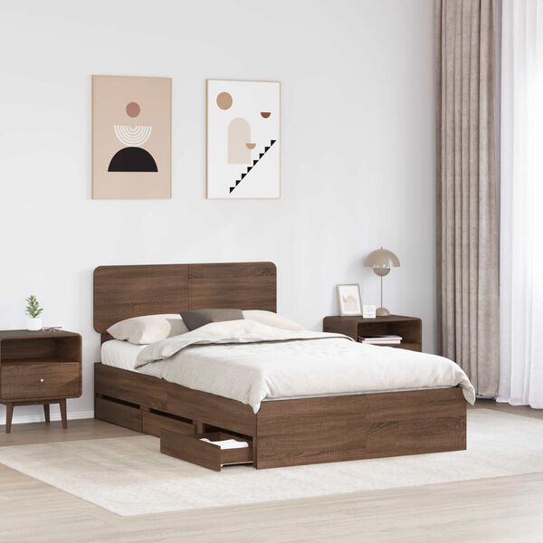 vidaXL Bed Frame with Headboard Brown Oak 135 x 190 cm Engineered Wood