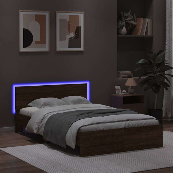 vidaXL Bed Frame with Headboard and LED Brown Oak 120x190 cm Small Double