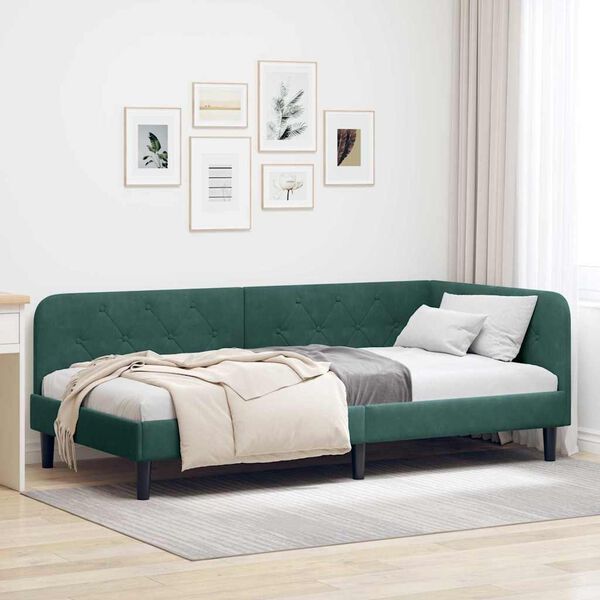 vidaXL Corner Bed Frame with Headboard Dark Green 90 x 190 cm Velvet