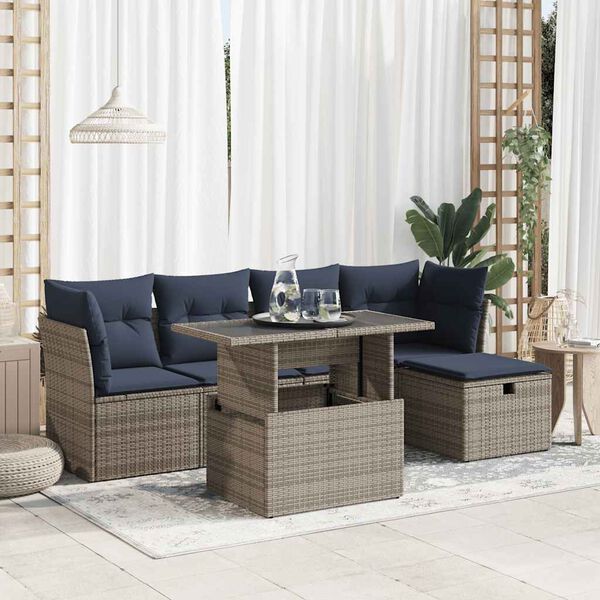 vidaXL 6 Piece Garden Sofa Set with Cushions Grey Poly Rattan Acacia