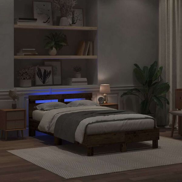 vidaXL Bed Frame with LED Old Wood 120 x 190 cm Engineered Wood