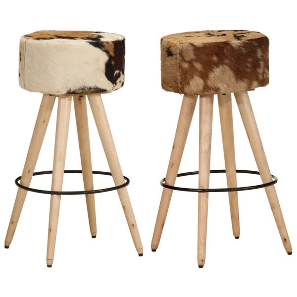 vidaXL Bar Stools 2 pcs Brown Rough Mango Wood and Real Leather