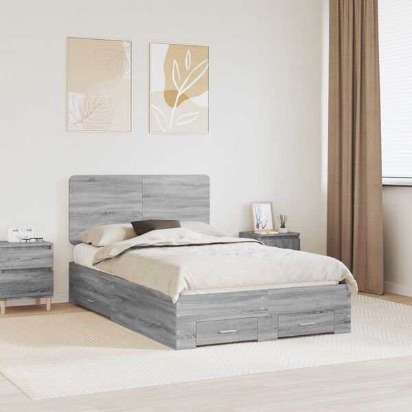 vidaXL Bed Frame with Drawer Grey Sonoma 120 x 190 cm Engineered Wood