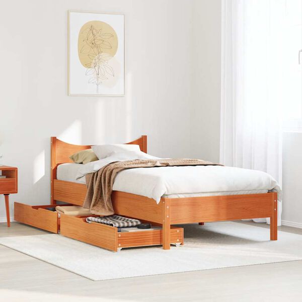 vidaXL Bed Frame with Drawers Wax Brown 90x190 cm Single Solid Wood Pine