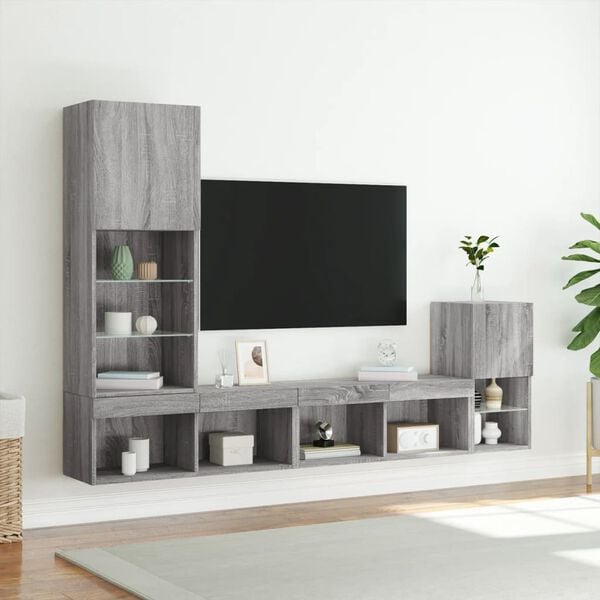 vidaXL 4 Piece TV Wall Units with LED Grey Sonoma Engineered Wood