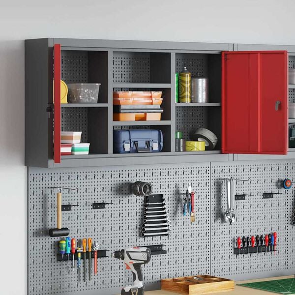 vidaXL Tool Cabinet with Shelf with Lock Red and Grey 100 x 20 x 55 cm