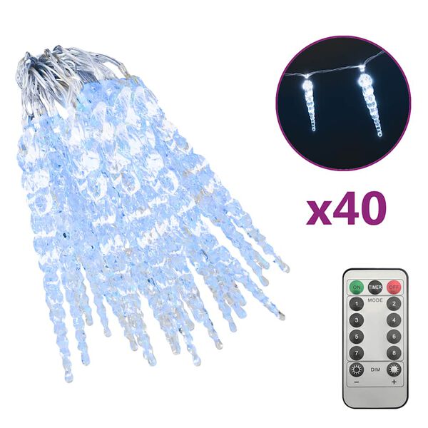 vidaXL Christmas Icicle Lights 40pcs Cold White Acrylic Remote Control