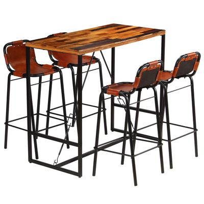 vidaXL Bar Set 5 Pieces Solid Reclaimed Wood and Genuine Goat Leather