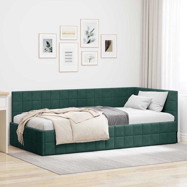 vidaXL Corner Bed Frame Dark Green 90 cm x 200 cm Velvet