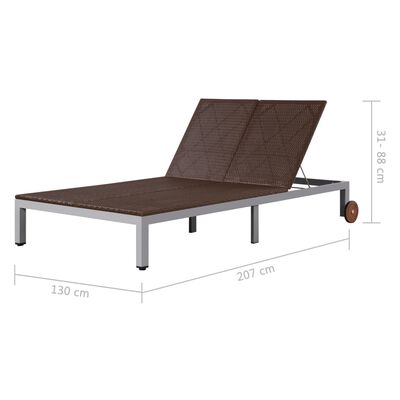 vidaXL Double Sun Lounger with Wheels Poly Rattan Brown