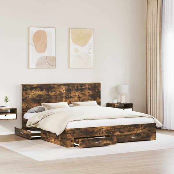 vidaXL Bed Frame with Drawer Smoked Oak 180 x 200 cm Engineered Wood