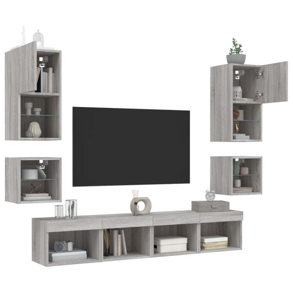 vidaXL 8 Piece TV Wall Units with LED Grey Sonoma Engineered Wood