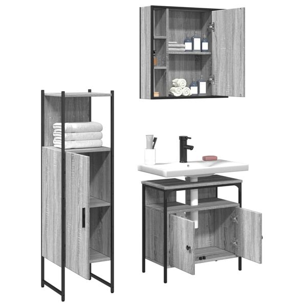 vidaXL 3 Piece Bathroom Cabinet Set Grey Sonoma Engineered Wood