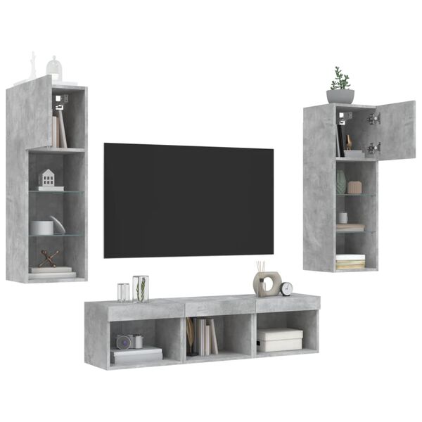 vidaXL 5 Piece TV Wall Units with LED Concrete Grey Engineered Wood