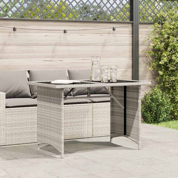 vidaXL Garden Table with Glass Top Light Grey 110x68x70 cm Poly Rattan