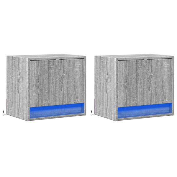 vidaXL Wall-mounted Bedside Cabinets with LED Lights 2 pcs Grey Sonoma