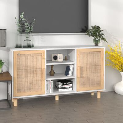 vidaXL Sideboard White 105x30x60 cm Solid Wood Pine and Natural Rattan