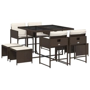 vidaXL 9 Piece Garden Dining Set with Cushions Brown Poly Rattan