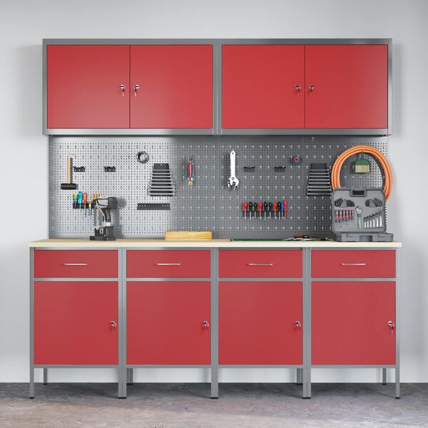 vidaXL Work Cabinet with Drawer 10 pcs Red Engineered Wood and Steel