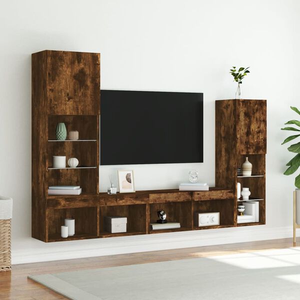 vidaXL 4 Piece TV Wall Units with LED Smoked Oak Engineered Wood