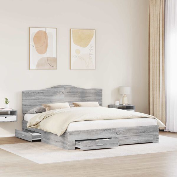 vidaXL Bed Frame with Drawer Grey Sonoma 200 x 200 cm Engineered Wood