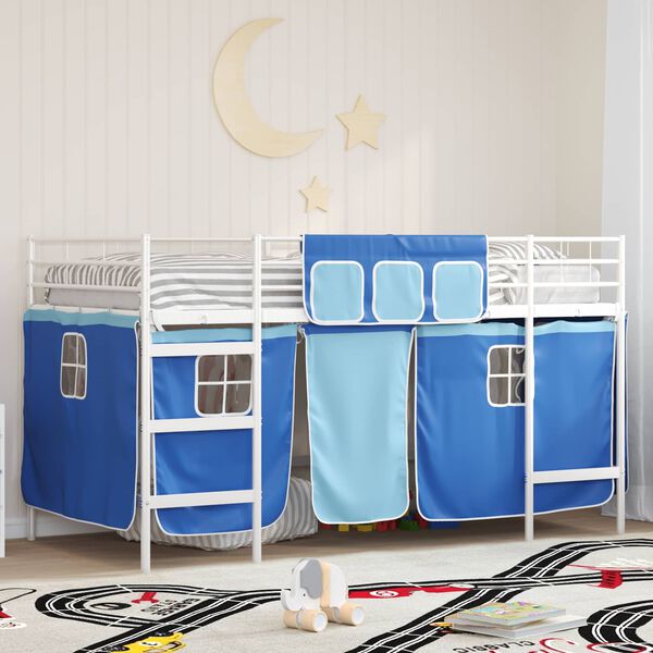 vidaXL Kids'Loft Bed Frame with Curtains White and Blue 99.5 x 200 cm