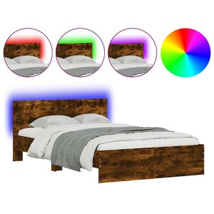 vidaXL Bed Frame with Headboard and LED Smoked Oak 140x190 cm