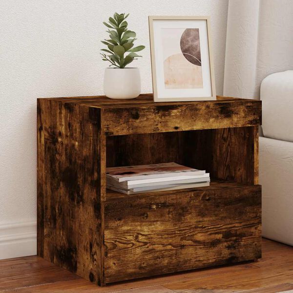 vidaXL Bedside Cabinet with LED Lights Smoked Oak 50x40x45 cm