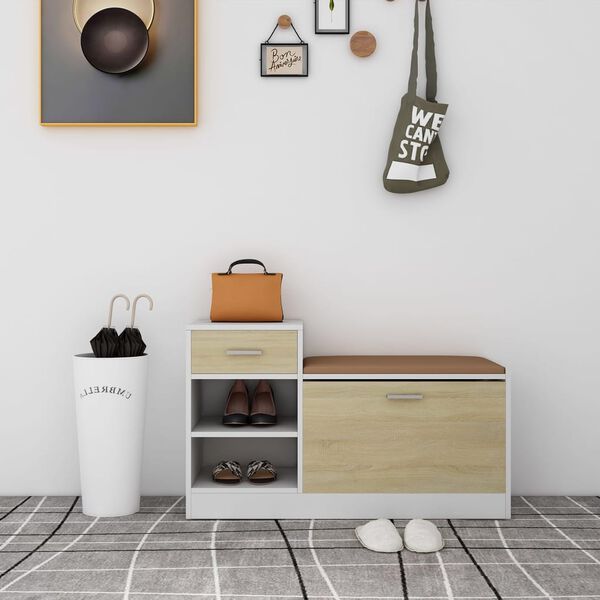 vidaXL Shoe Bench White and Sonoma Oak 94.5x31x57 cm Engineered Wood