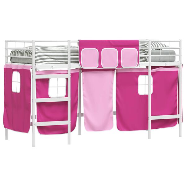 vidaXL Kids'Loft Bed Frame with Curtains White and Pink 100 x 190 cm