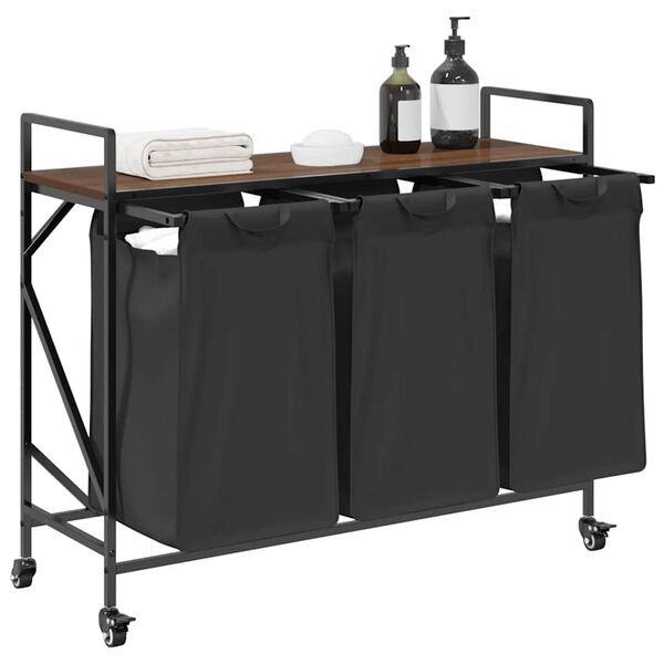 vidaXL Laundry Basket 3 Compartments with Wheels Brown Oak