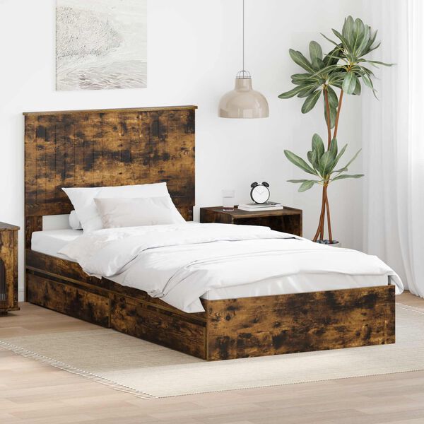 vidaXL Storage Bed with Drawer Smoked Oak 100 x 200 cm Engineered Wood