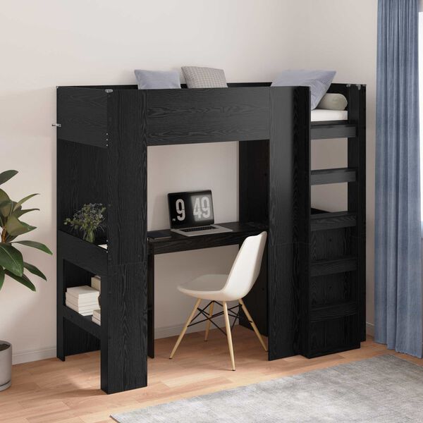 vidaXL Loft Bed Frame with Desk Black Oak 75 x 190 cm Engineered Wood
