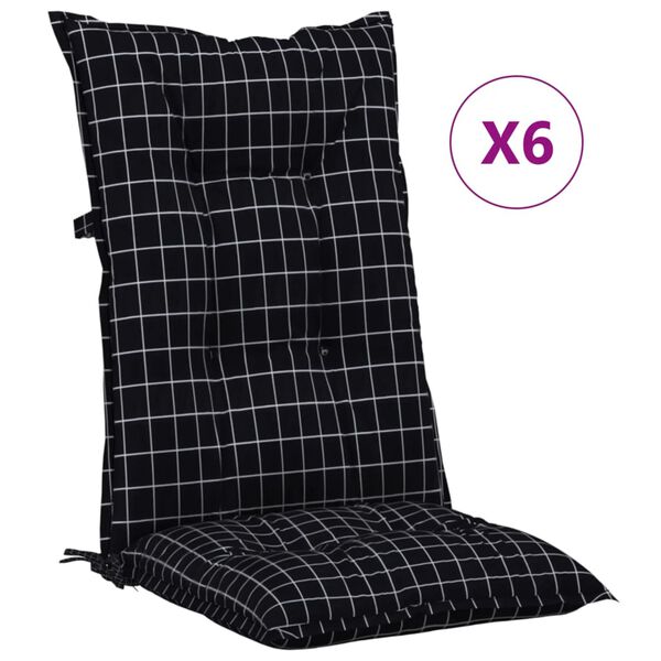 vidaXL Garden Highback Chair Cushions 6 pcs Black Check Pattern 120x50x7 cm Fabric