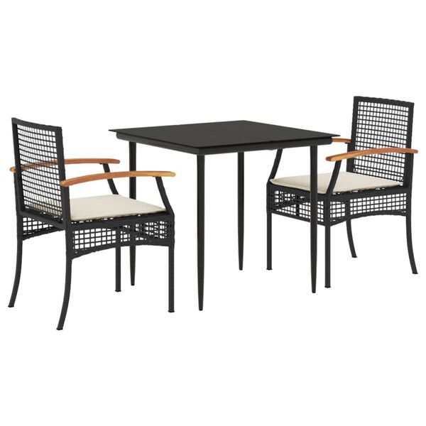 vidaXL 3 Piece Garden Dining Set with Cushions Black Poly Rattan