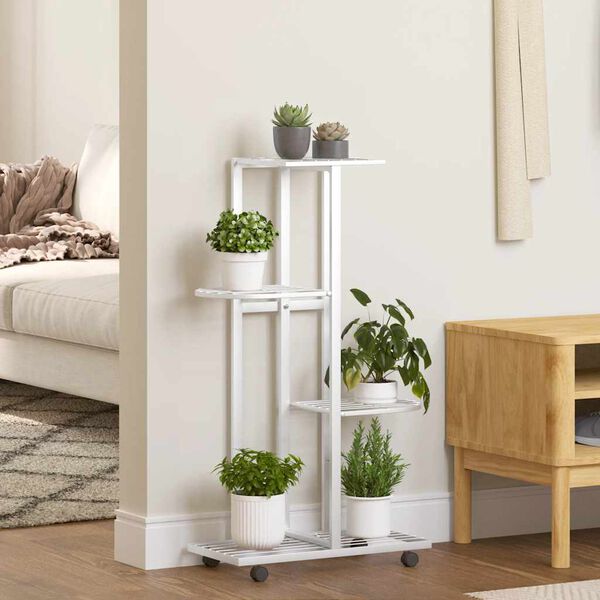 vidaXL 4-Floor Flower Stand with Wheels 44x23x80 cm White Iron