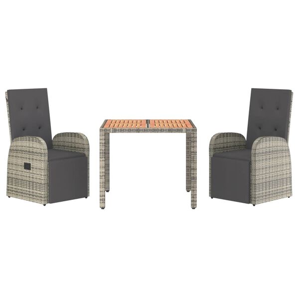 vidaXL 3 Piece Garden Dining Set Grey Poly Rattan&Solid Wood Acacia