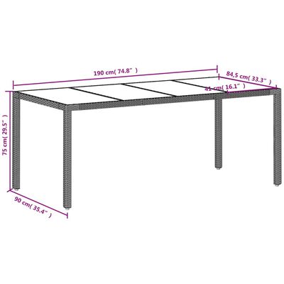 vidaXL Garden Table with Glass Top Light Grey 190x90x75 cm Poly Rattan