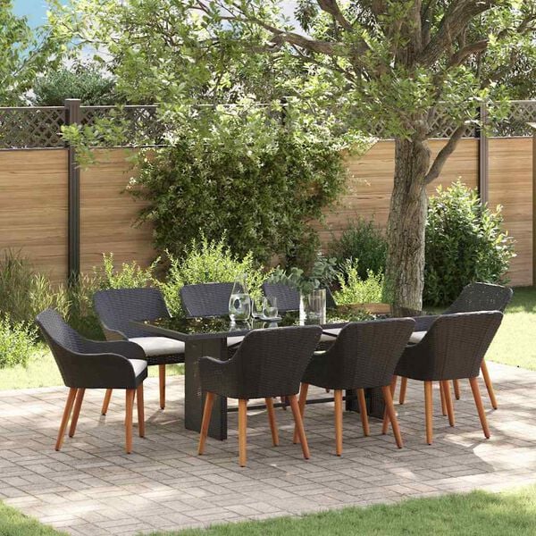 vidaXL Garden Dining Set with Cushion 9 pcs Black Poly Rattan