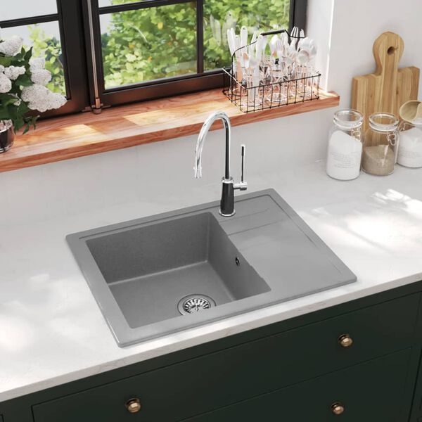 vidaXL Kitchen Sink with Overflow Hole Oval Grey Granite