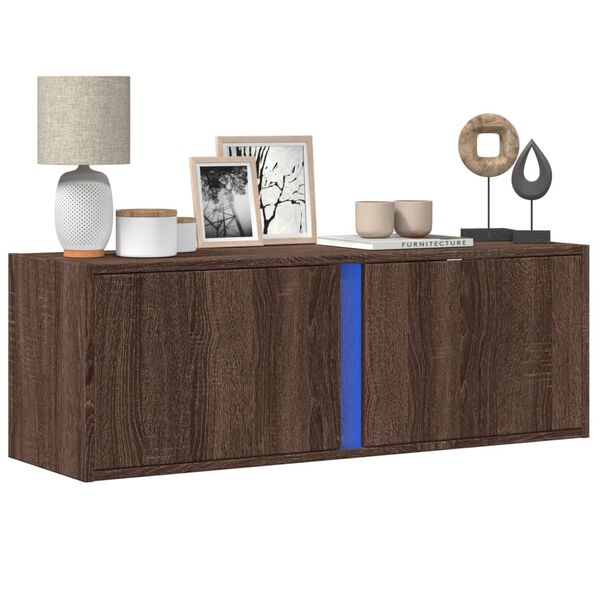 vidaXL TV Wall Cabinet with LED Lights Brown Oak 100x31x35 cm