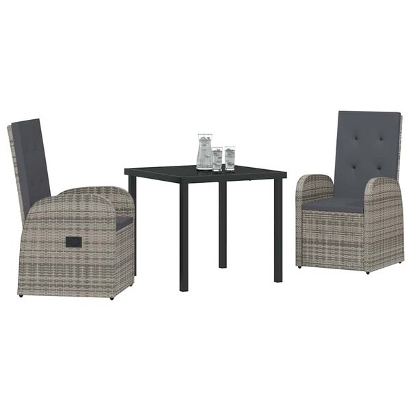 vidaXL Garden Dining Set with Cushion 3 pcs Grey Poly Rattan
