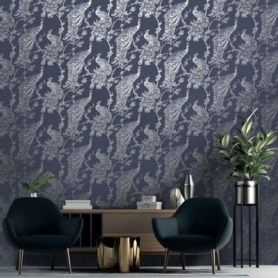 DUTCH WALLCOVERINGS Wallpaper Peacock Navy Blue and Silver