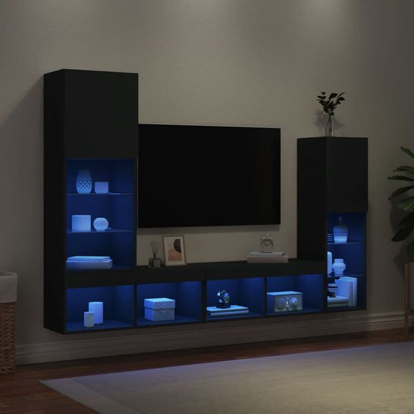 vidaXL 4 Piece TV Wall Units with LED Black Engineered Wood
