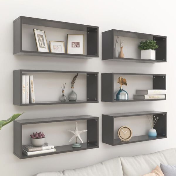 vidaXL Wall Cube Shelf 6 pcs Grey 60x15x23 cm Engineered Wood
